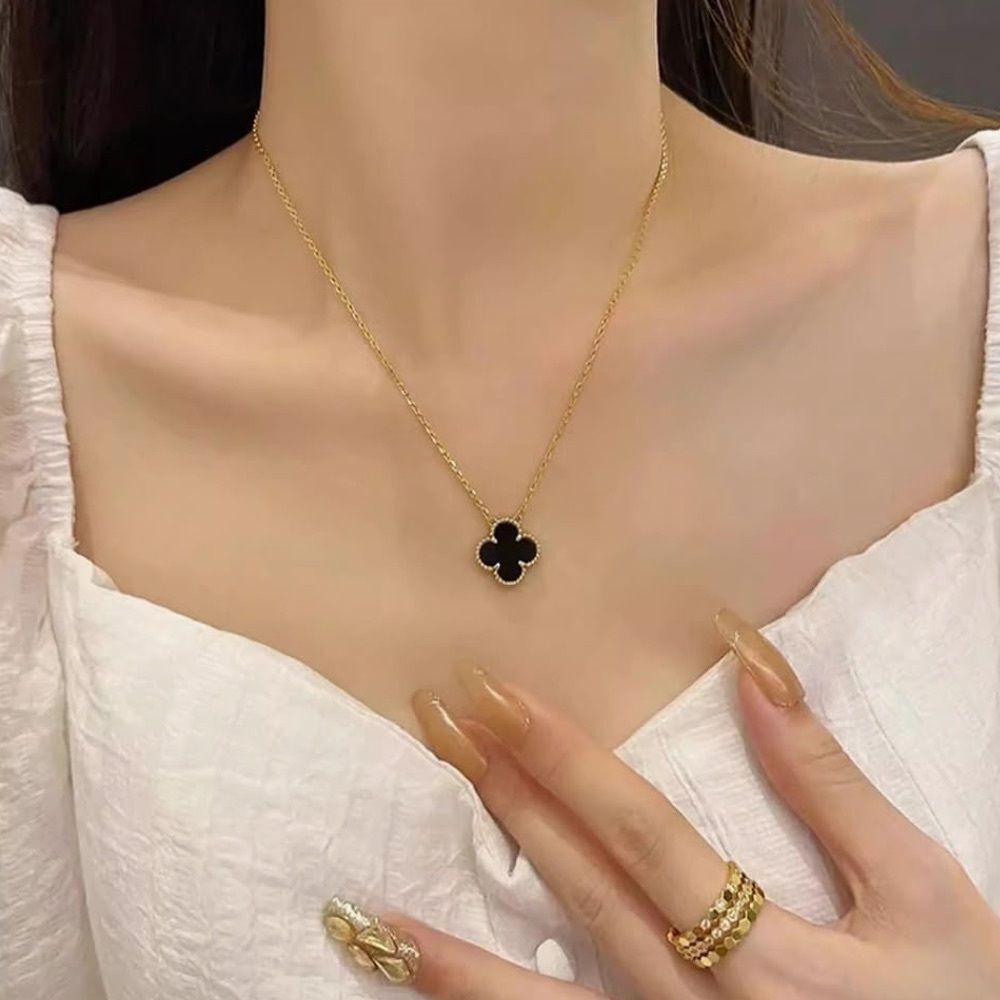 18K Gold Clover Pendant Necklace Black Enamel Four Leaf Charm